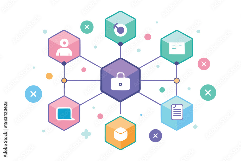 Poster conceptual illustration of digital security and data management with interconnected hexagonal icons 