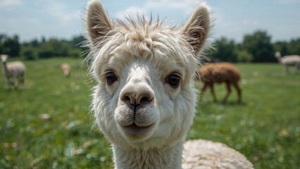 Obraz premium Detailed view of a charming alpaca in a rural setting