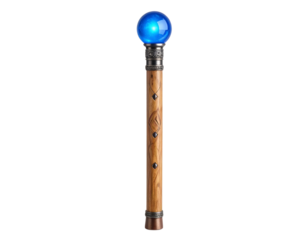 Glowing wizard staff with crystal orb and ancient carvings, isolated on a transparent background