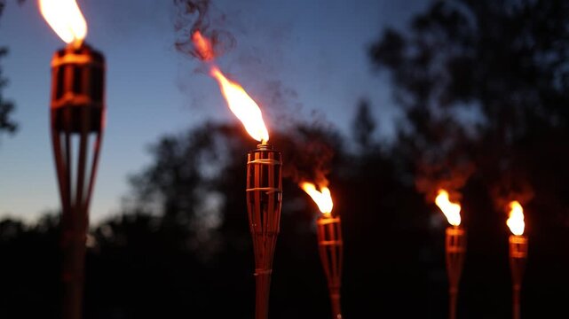 A row of tiki torches casting warm flames and smoke trails against a backdrop of silhouetted trees and twilight sky, creating a moody outdoor ambiance