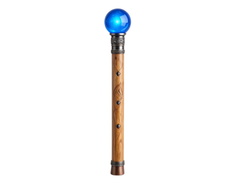 Glowing wizard staff with crystal orb and ancient carvings, isolated on a transparent background