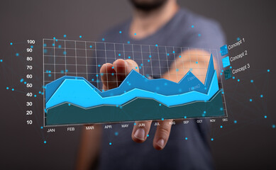 Stock photo of person interacting with a digital chart showing business growth and concepts.