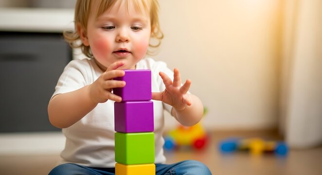 Adorable toddler engrossed in playtime stacking colorful building blocks carefully at home