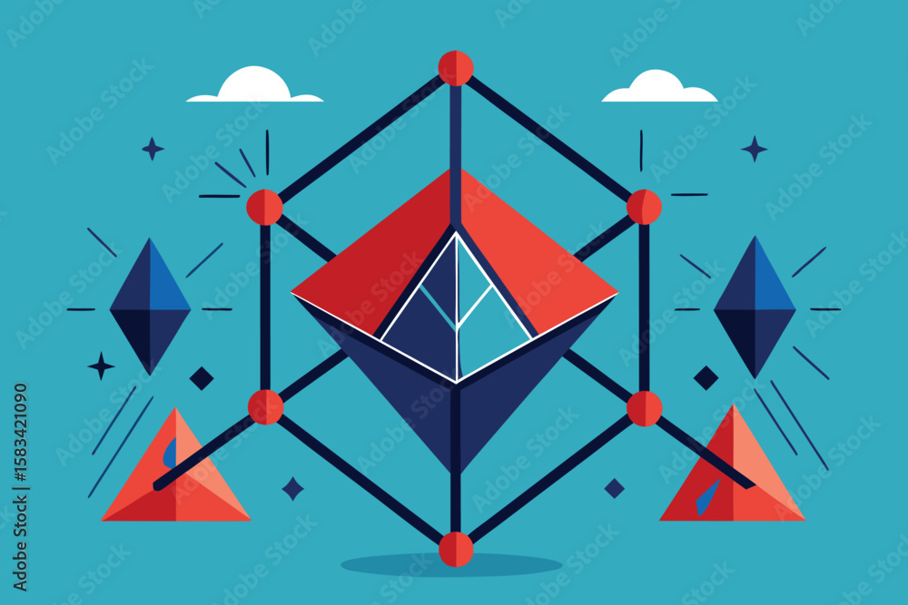 Poster geometric abstract design featuring diamonds and pyramids in red blue and white with connected dots 