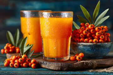 Fresh sea buckthorn juice with berries and leaves creates a healthy and vibrant scene on a rustic wooden table