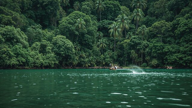 Tranquil lake surrounded by dense green jungle captured with slow shutter effect