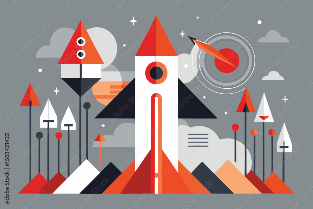Poster geometric rocket launching into space concept with abstract shapes and target symbol against a gray 