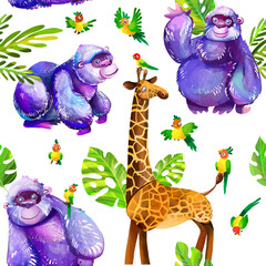 Cute Gorillas, Giraffe, and Parrots Seamless Pattern. Children’s Tales Concept. Hand-Drawn Raster Illustration, Medium Density, Non-AI