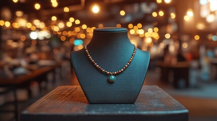 Dark mannequin displays a beaded necklace