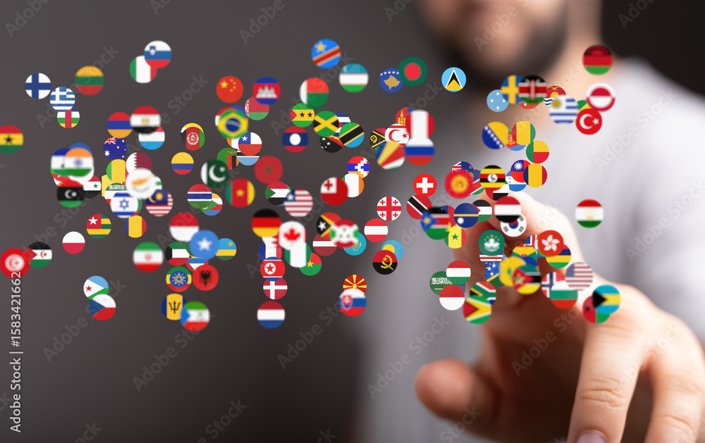 Poster image of a hand interacting with a digital display of world flags, symbolizing global connection and