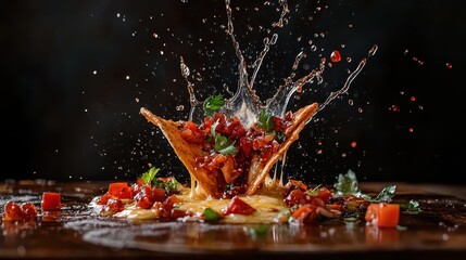 Crispy Tacos with Splashing Ingredients on a Dark Wooden Surface