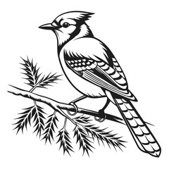 Elegant Monochrome Blue Jay Perched Gracefully on a Branch with Intricate Feather and Foliage Detail
