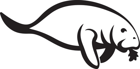 Manatee feeding stylized vector art, Sea cow in elegant black and white illustration