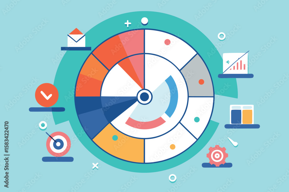 Poster modern circular diagram with data visualizations and business elements for business strategies and p