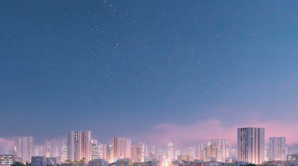 Fototapeta premium Stunning Cityscape at Twilight with Urban Buildings and Starry Night Sky, Soft Lights and Calm Atmosphere