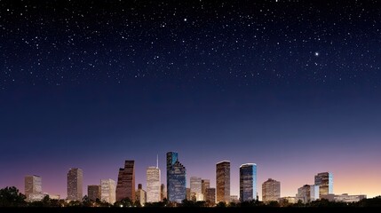 Fototapeta premium Dusk City Skyline View with Starry Sky Over Urban Landscape, Houston Cityscape at Twilight
