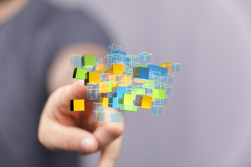 Abstract image of colorful 3D cubes, representing data, technology, or innovation. Ideal for tech,...
