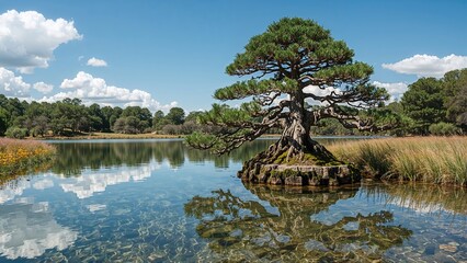 Beautiful Dwarf Tree Next to a Serene Lake