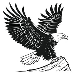 Majestic Eagle Soaring Above Mountain Peak, Striking Black and White Illustration of American Symbol