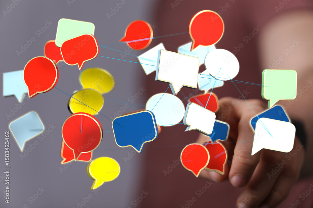 Poster abstract image of interconnected speech bubbles representing global communication and networking.