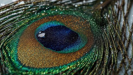 Macro shot of a fresh droplet perched on an iridescent feather