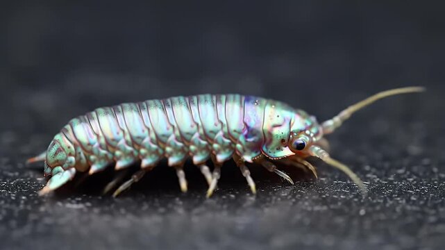 Macro Close-up of an Iridescent Blue and Green Isopod, a Unique Woodlouse Arthropod with Metallic Sheen on Dark Background