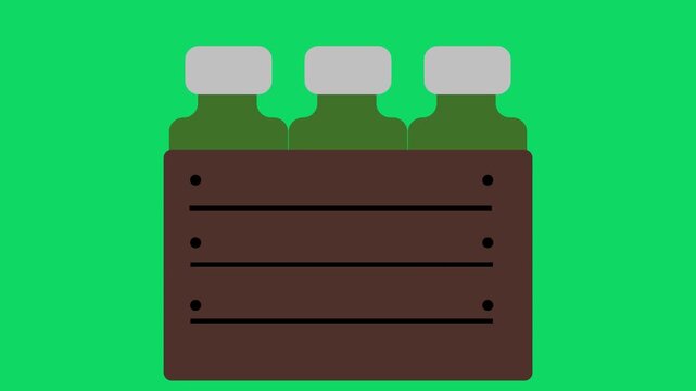 Animation of a wooden crate filled with several glass bottles.