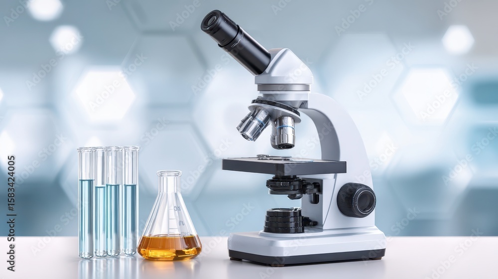Poster laboratory microscope with test tubes and a flask on a blurred background, symbolizing scientific re