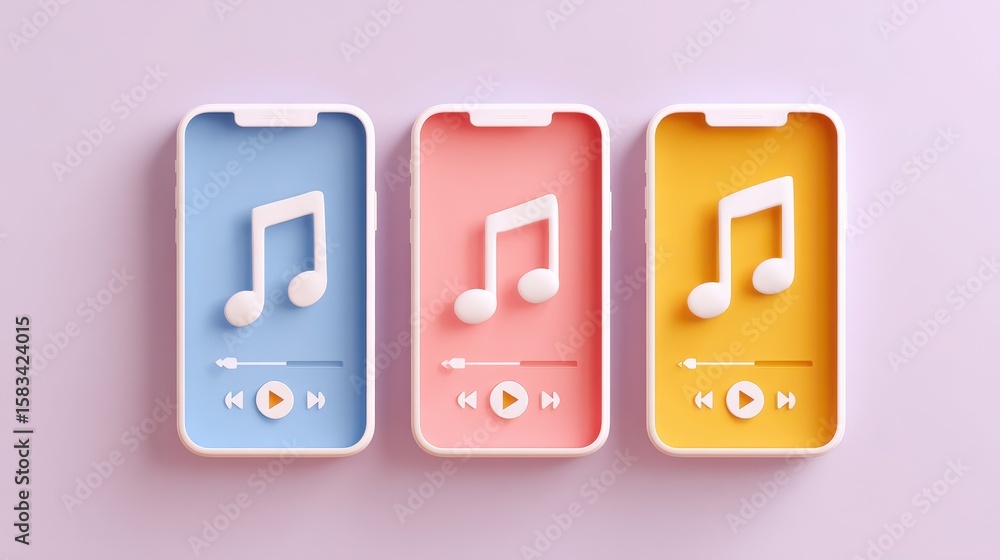 Poster colorful smartphone designs showcasing music player interfaces with play buttons and note icons agai
