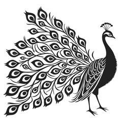 Elegant Peacock Silhouette with Intricate Feather Designs and Regal Appearance on White Background