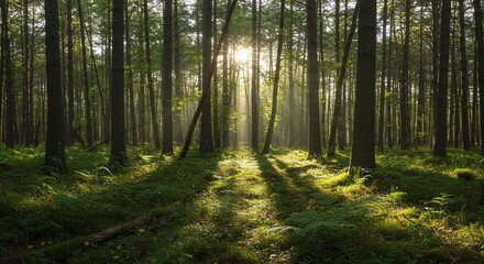 Obraz premium Sunlight Streaming Through Forest Trees in Bright Natural Woodland Scene