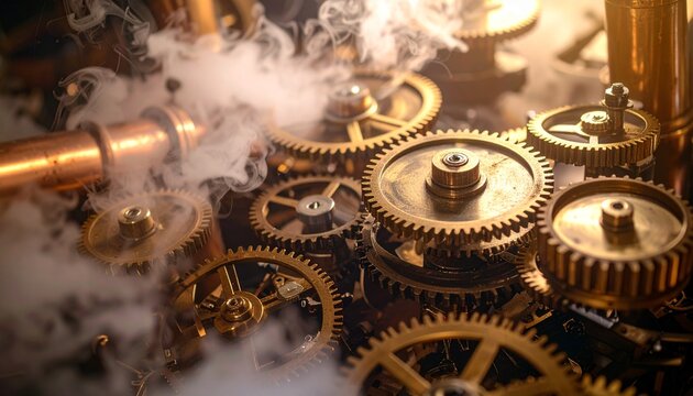 Vintage brass clockwork gears spinning inside steampunk mechanical contraption with copper pipes and steam clouds swirling - Powered by Adobe