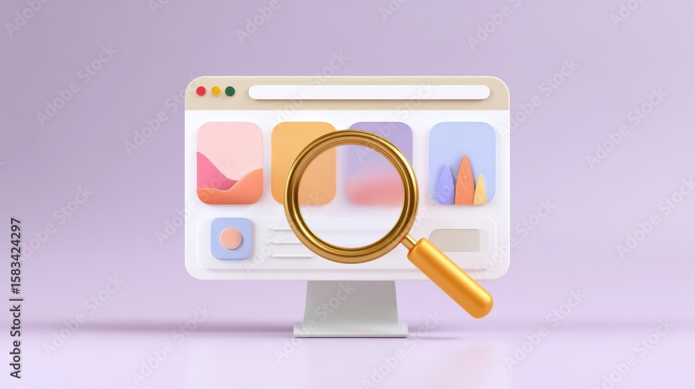 Poster digital illustration of a computer monitor displaying various colorful graphics, with a magnifying g