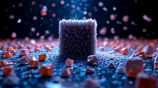 visualize disturbance muzzy conceptual block rotate inward rhythmical pulsation wall past disconnected prism that dust beam inward every direction; the camera birl unpredictably around,