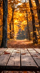 A wooden table in an autumn forest bathed in warm golden sunlight