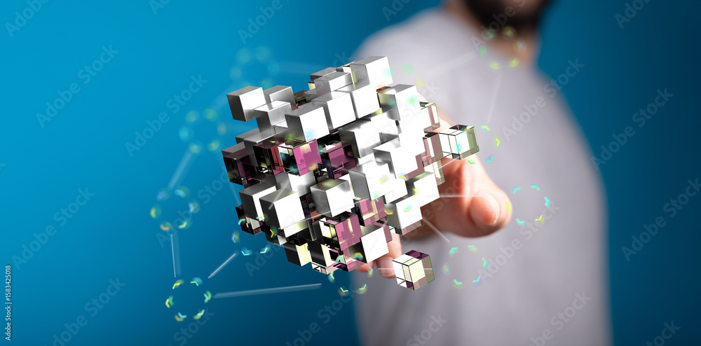 Poster abstract image of interconnected cubes, representing data network, digital transformation, or techno