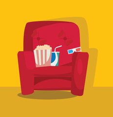 Seats in the cinema with popcorn, drinks and 3d glasses.