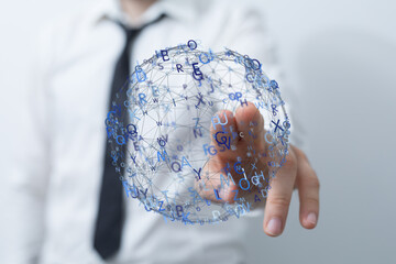 Abstract image of a person interacting with a digital sphere of letters. Ideal for technology,...