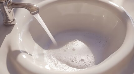 Water Flowing into a White Sink Creating Bubbles and Foam