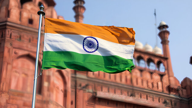 Indian Flag Flying High with Pride &ndash; Independence Day and Republic Day Celebration with Red Fort Background
