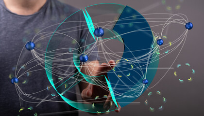 Abstract image of a person interacting with a digital network, showing connections and data points.