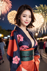 夜の街を歩くセクシーな着物の女性