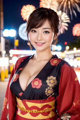 夜の街を歩くセクシーな着物の女性