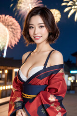 夜の街を歩くセクシーな着物の女性