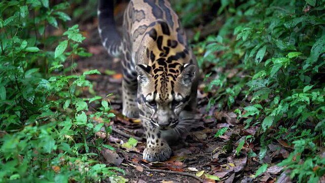Elusive Clouded Leopard with Distinctive Patterns Prowling Through Lush Green Forest Undergrowth, Wildlife Photography of a Rare Big Cat in its Nat...