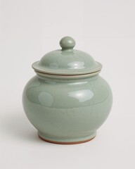 Thai celadon pot with crackle glaze and lid on plain white background