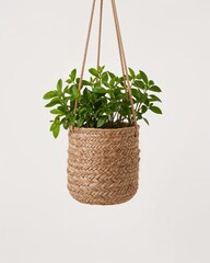 Woven jute hanging basket pot for herbs on plain white background
