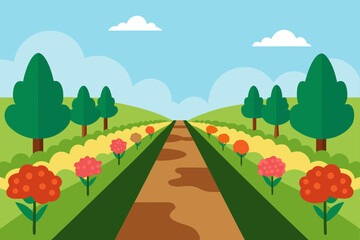 Naklejka premium Colorful vector landscape illustration featuring green trees, a vibrant meadow, and a clear blue sky with clouds, perfect for summer or spring scenes