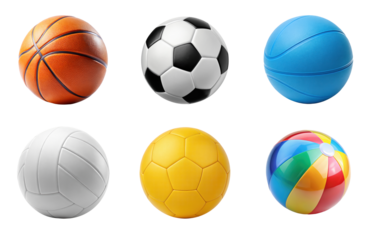 Set of six different sports balls including basketball, soccer, volleyball, handball, and beach ball isolated on clean transparent background in PNG for athletic, recreational