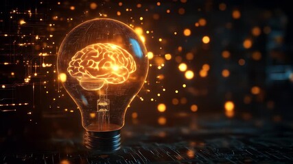 Glowing brain inside a lightbulb representing AI innovation - Powered by Adobe